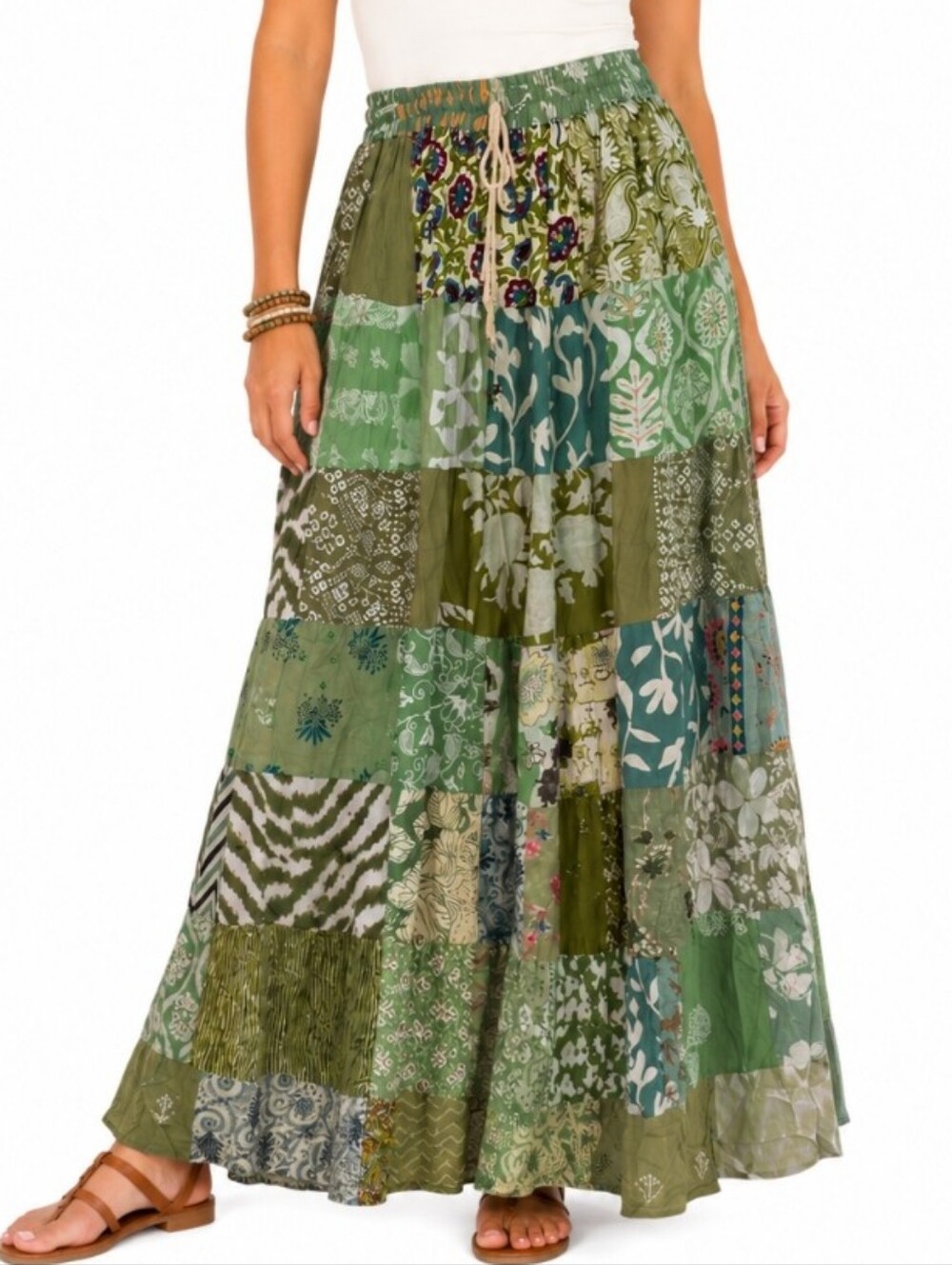 India Boutique Patchwork Embodery Boho Maxi Skirt Medium Green Rayon Festival